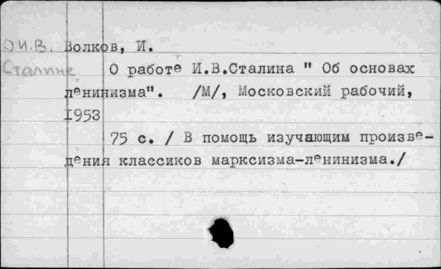 ﻿		5В, И.
		0 работ* И.В.Сталина ” Об основах
	я* ни:	гизма”.	/М/, Московский рабочий,
	:953	
		75 с. / В помощь изучающим произв*-
	д*ни	I классиков марксизма-ленинизма./
		
		
		
		